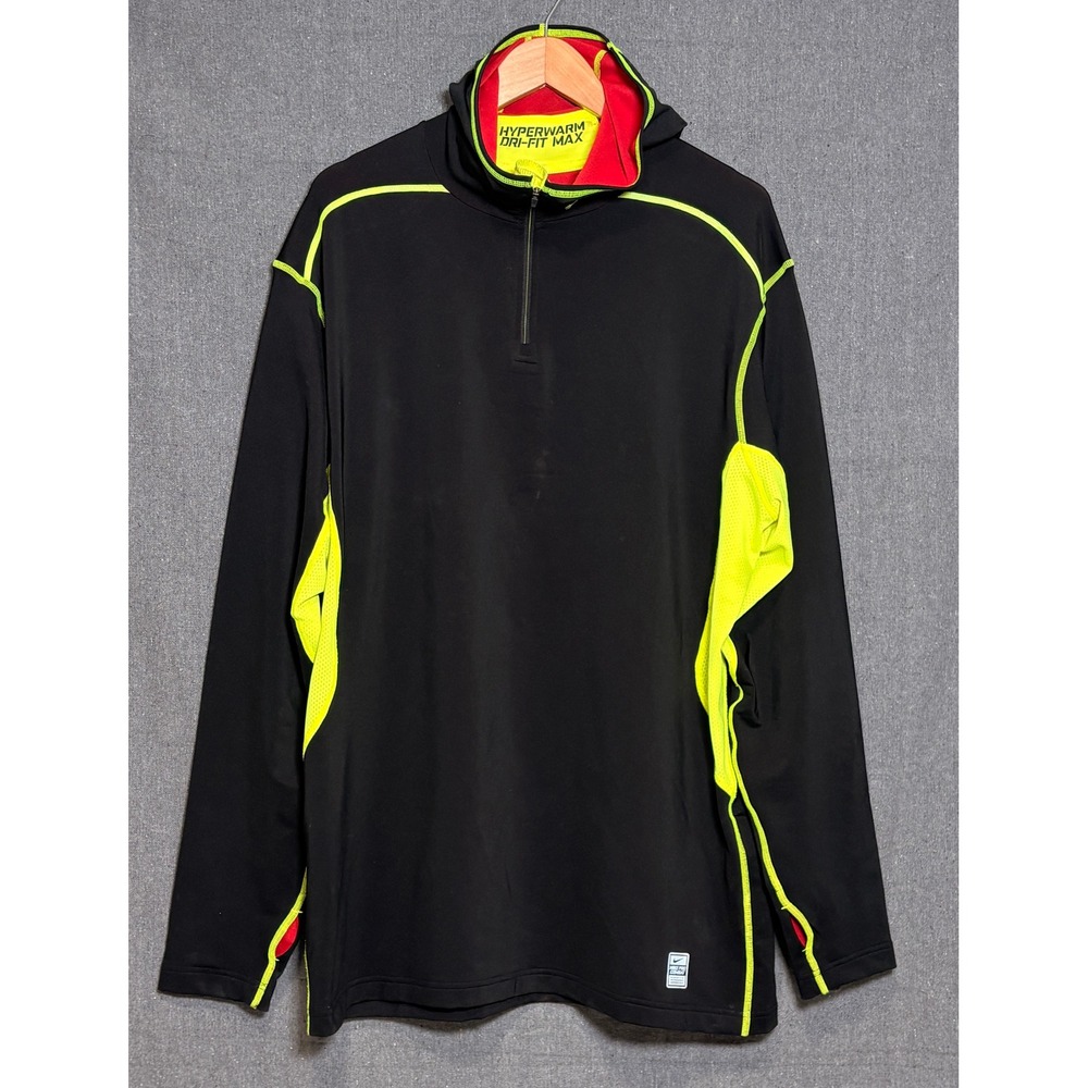 Nike Pro Combat Hyperwarm Dri-Fit Max Hoodie Mens XXL Black Neon Yellow 1/4 Zip